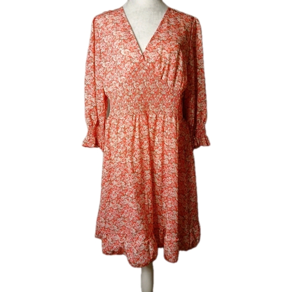 Pink, Grey and White V-Neck Sundress with Bishop Sleeves Large NUOT